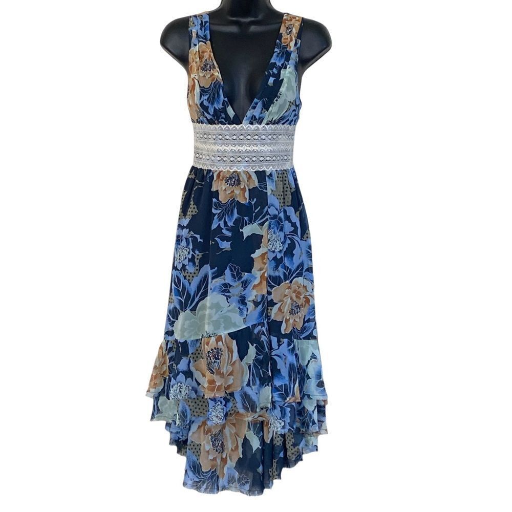 Free People Lovely Garden Blue Floral Lace Trim High Low Dress Sz 0 NWOT